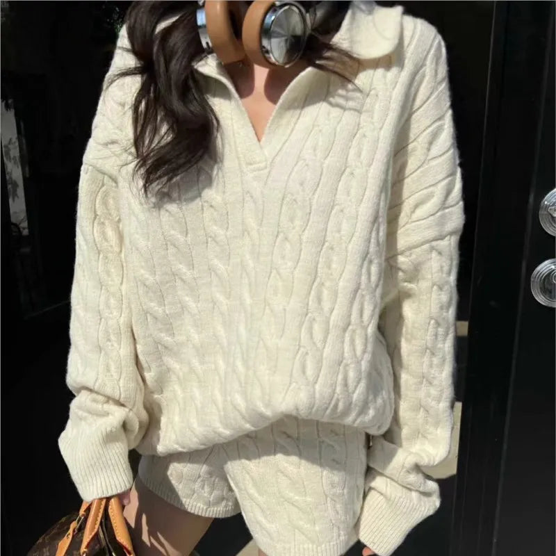 Korean Twopiece Set Vneck Loose Pullover Sweater Top Shorts Outfits Autumn New Suit Female Clothing
