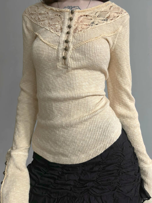 Retro Button Lace Knitted ��s Base T-shirts Long Sleeves Exquisite Slim Fit Autumn Basic Blouses