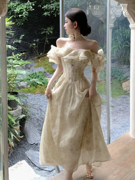 France Slim Ruffles Midi Dresses Summer Princess Evening Party Prom Dress Off Shoulder Aline Vastidos