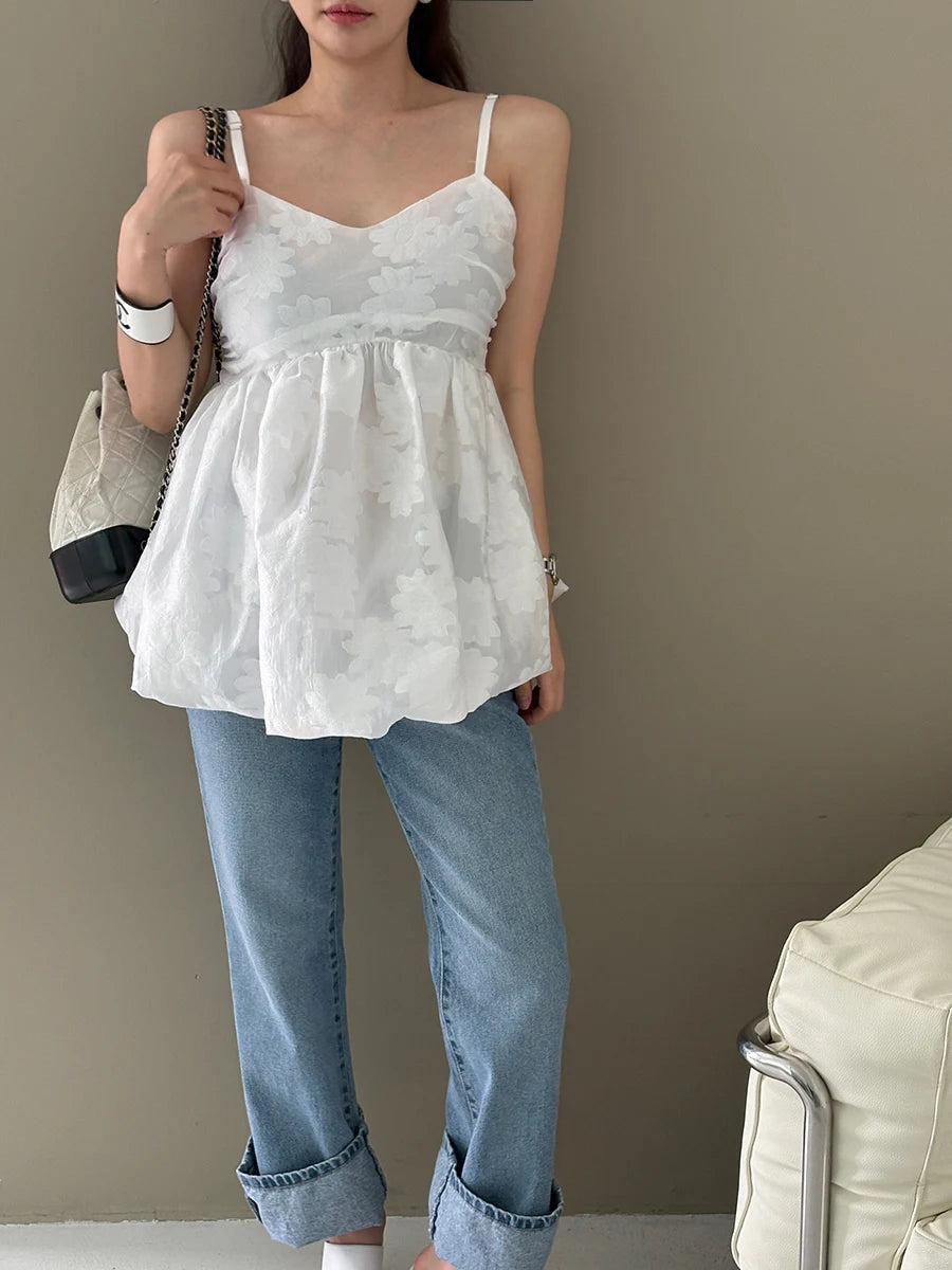 3d Embroidered Jacquard Tank Top Strap Summer New Style Unique Design Lotus Leaf Edge Puff Blouse Top