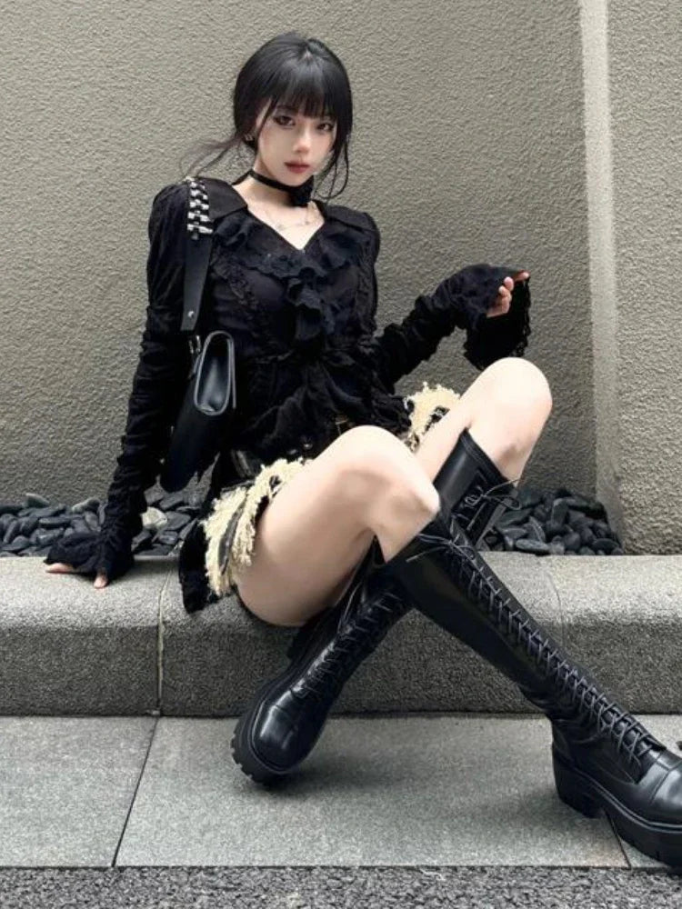 Pleated Blouse Ruffled Slim Harajuku Ruffled Tops Y2k Aesthetic Lace Patchwork Black Shirts De Mujer
