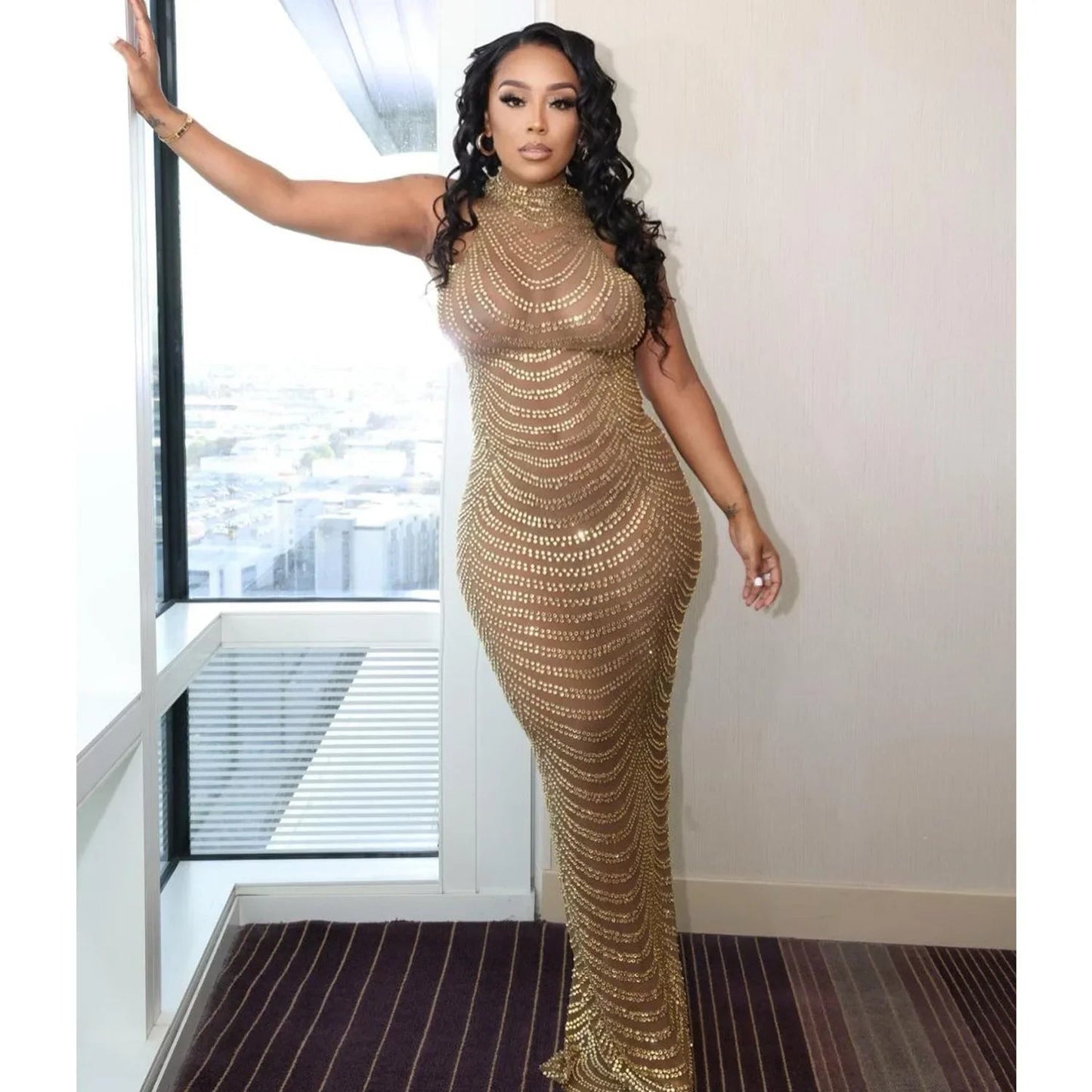 Gold Rhinestone Mesh Prom Maxi Dress Long See Through Outfits Party Diamond Night Club Bodycon Dresses