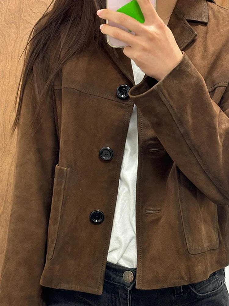 Retro Suede Female Blazer Jacket Lapel Single Breasted Long Sleeve Lady Short Coat Autumn Winter Pockets Lady Outwear