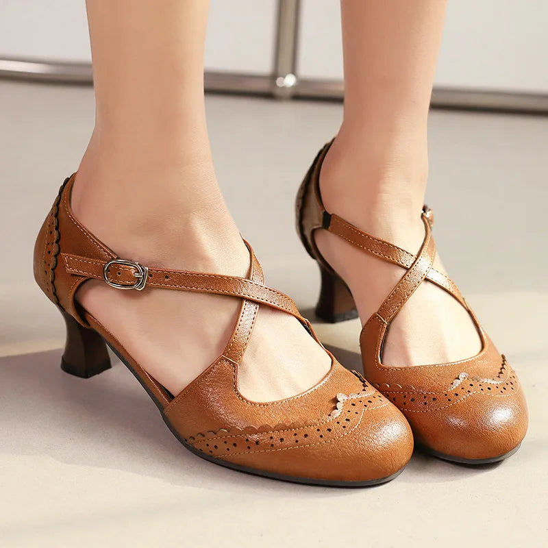 Cross Sandals Buckle High Heels Black Shoes for Round Toe Highheeled Beige Spring Elastic Band Comfort