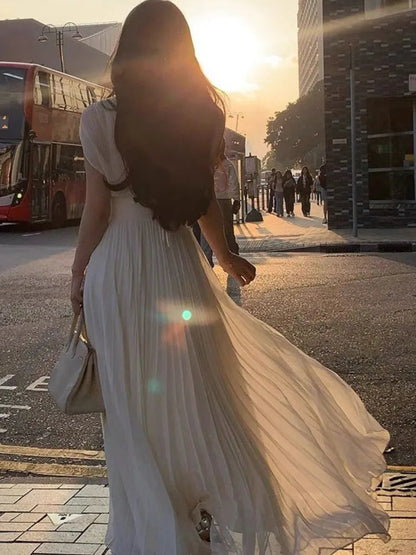 Summer Pleats Long Dresses French V Neck Holiday Party Vestidos High Waist Wedding Robe Clothes