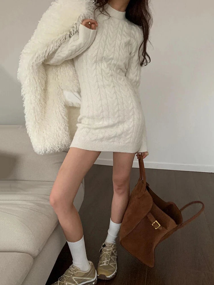 Open Back Cable Knit Mini Dress Plain Slim Turtleneck Long Sleeve Bodycon Onepiece Autumn Winter Clothes