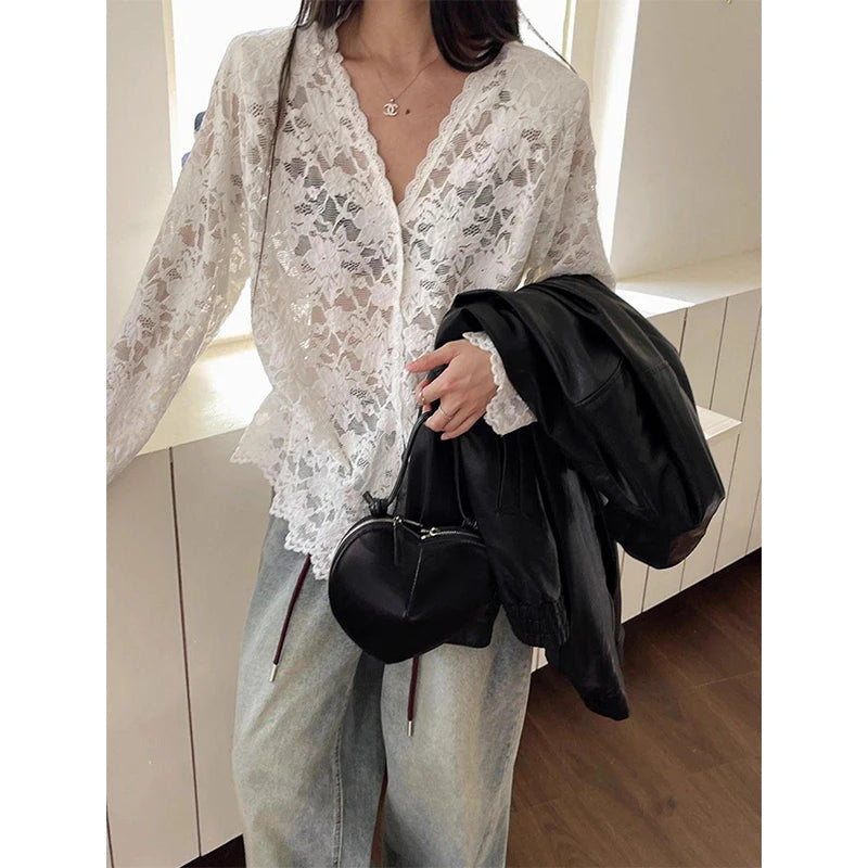Y2k Lace Sheer Black Shirts Hollow Out White Blouses Korean Aesthetic Long Sleeve Sun Protection Tops