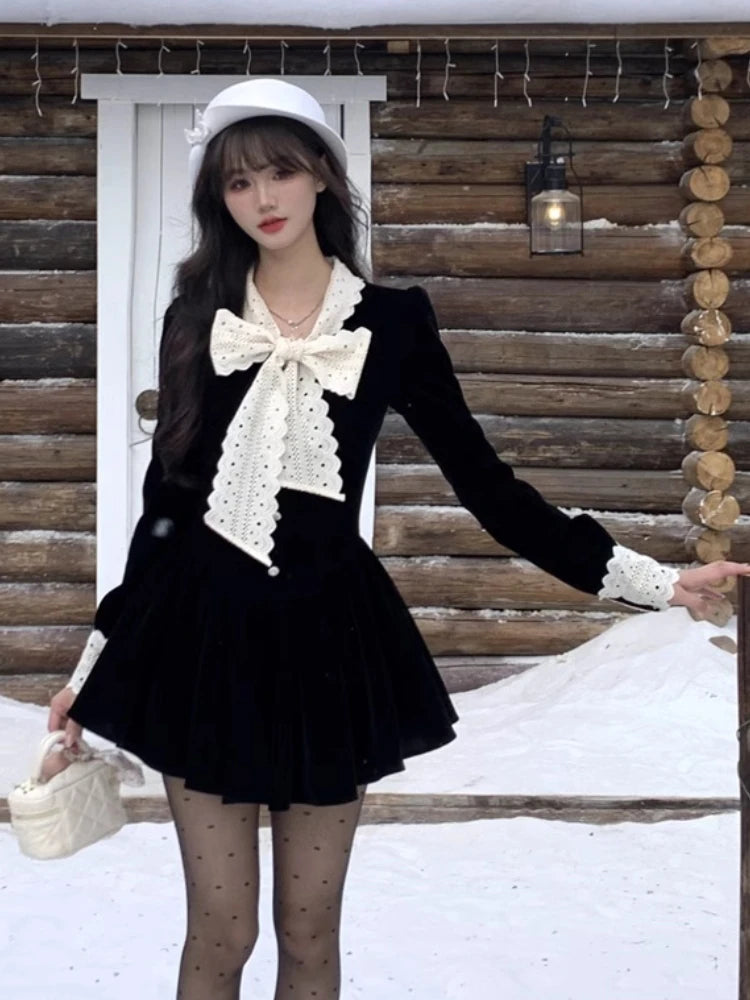 Autumn Spring New Velvet Mini Dress Long Sleeve Female New Clothes