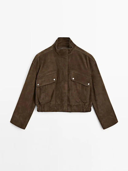 Zipper Suede Cargo Jacket Coat Button Lapel Maillard Slimming Workwear Leather Jackets Short Outwear Commute Overcoat