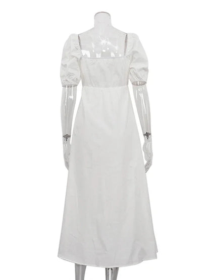 White Square Collar Puff Sleeve Long Dress for Slim A-line Twist Hollow Out Cotton Dresses Autumn