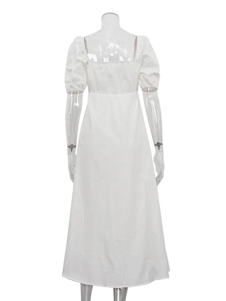 White Square Collar Puff Sleeve Long Dress for Slim A-line Twist Hollow Out Cotton Dresses Autumn