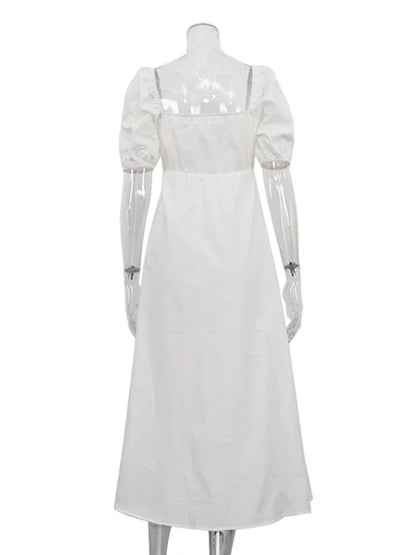 White Square Collar Puff Sleeve Long Dress for Slim A-line Twist Hollow Out Cotton Dresses Autumn