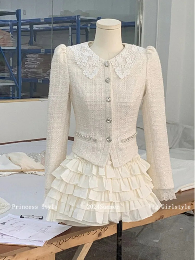 French 2-piece Set Tweed Lace Patchwork Single Breasted Coat Ruffles Cake Mini Skirt Korean Autumn Outfits New