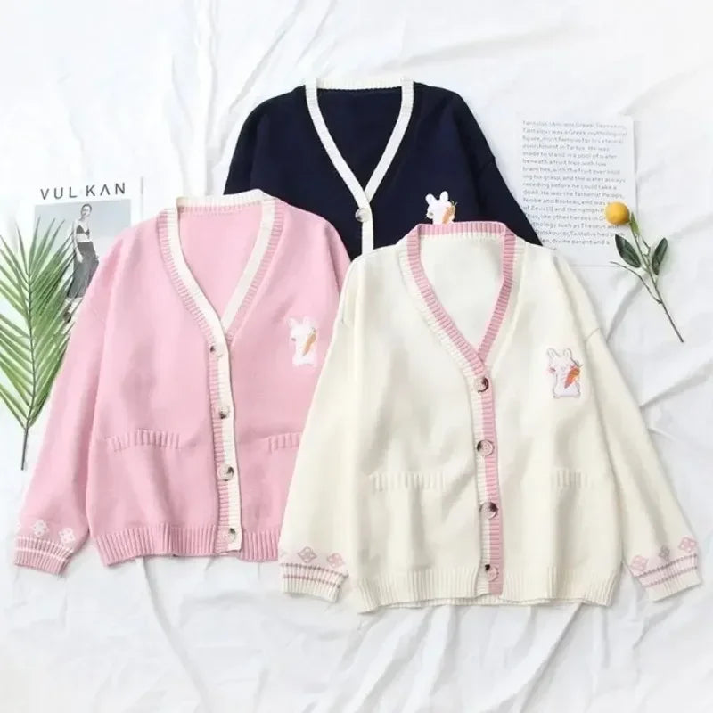 Korean Sweet Sweaters Japanese V Neck Long Sleeve Cardigans New Embroidery Cardigan