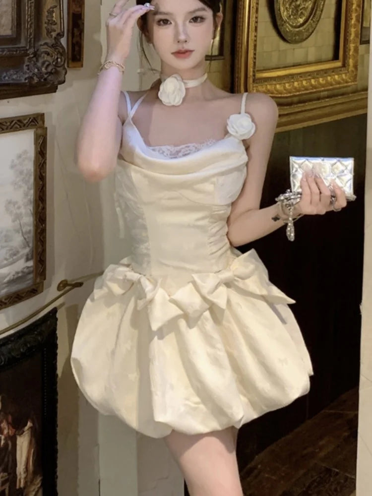 Sweet Spaghetti Strap Mini Dress for Tie Flower Bow Party Dresses Summer Spring Female Vestidos New Outfits