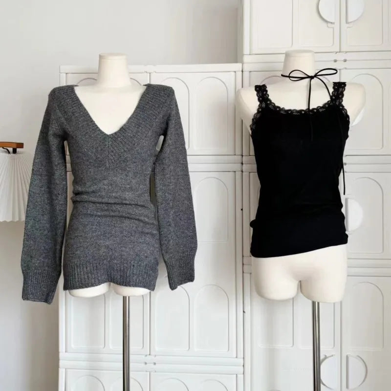 Autumn Winter Woman Gyaru V-neck French Sweater Long Sleeve Pullover Knitwear Mini Skirt 2000s Aesthetic 3-piece Outfits