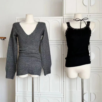 Autumn Winter Woman Gyaru V-neck French Sweater Long Sleeve Pullover Knitwear Mini Skirt 2000s Aesthetic 3-piece Outfits