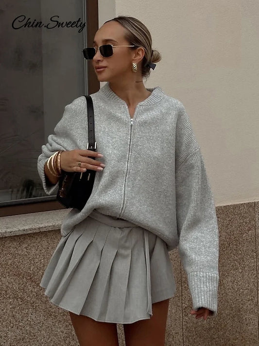 Knit Zipper Cardigan for Loose O Neck Long Sleeve Sweater Top Female Fall Winter All-matching Knitwear