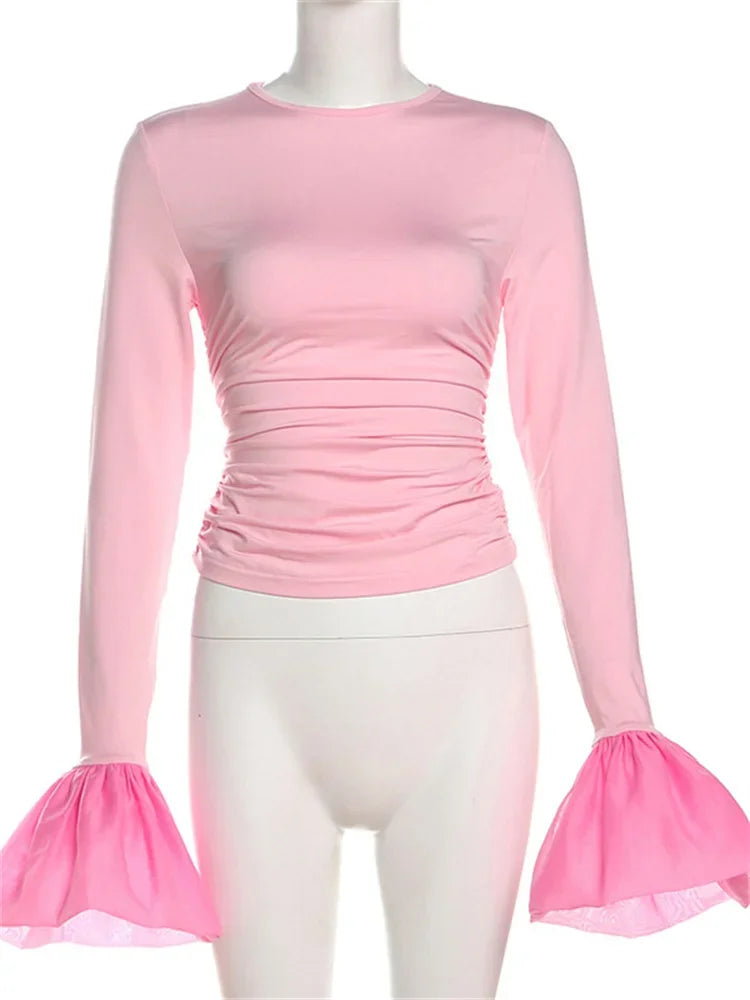 Mesh Ruffled Patchwork T-shirt Top for Long Sleeve High Waist Cropped Top Pullover Female Slim Y2k Top