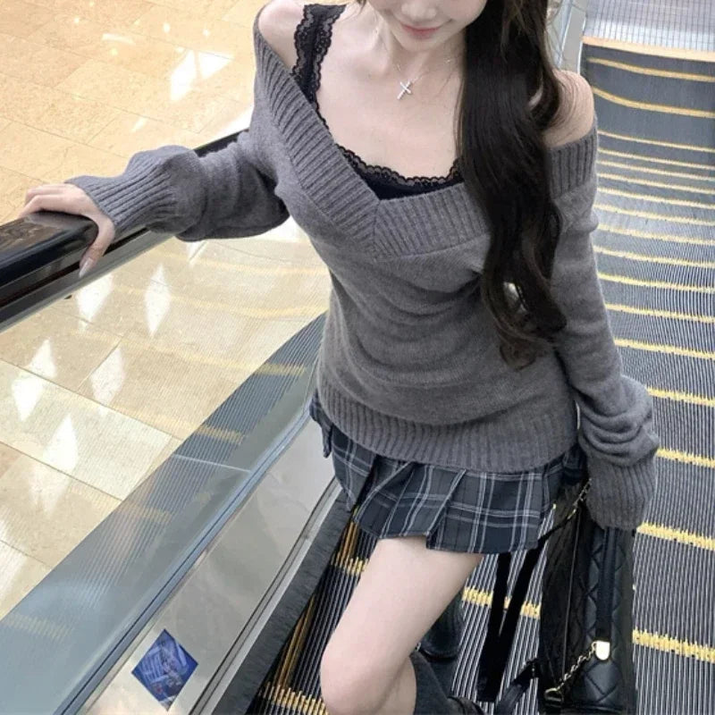 Autumn New Loose Longsleeved Sweater + Plaid Skirt + Lace Splicing Black Camisole Threepiece Suit