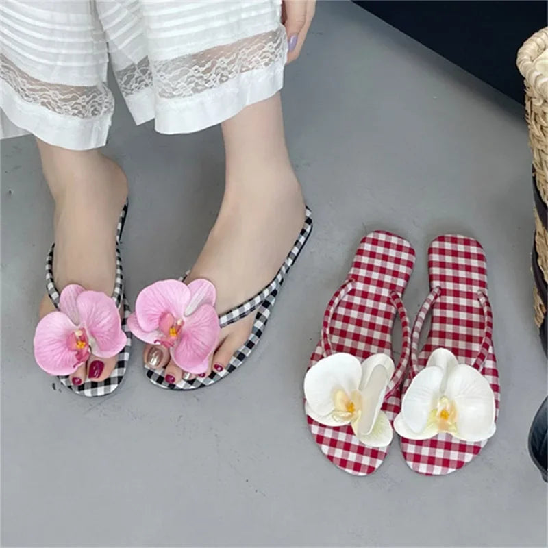 Summer Design Flower Geometric Clip Toe Low Flat Heels Slippers Flip Flops Party Shoes