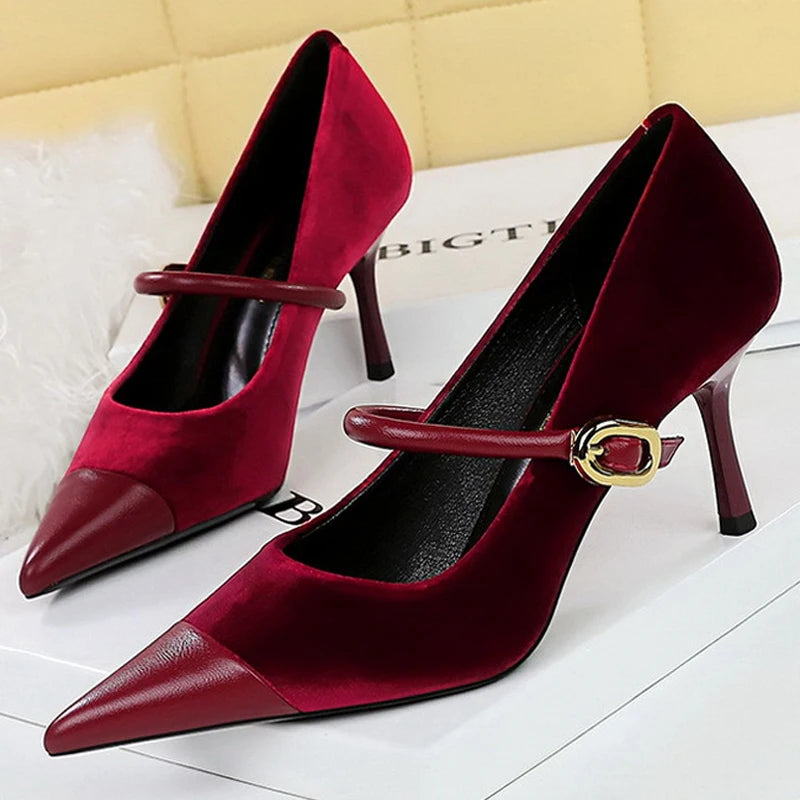 Shoes New Buckle Design Pumps Pointed Shoes High Heels Suede Stilettos Heels 7cm 10cm Shoes Large Size 43