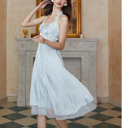 Summer Dress Halter Stain Slim Female Backless Party Clothing French Style Lady Aline Vestidos Midi Dresses