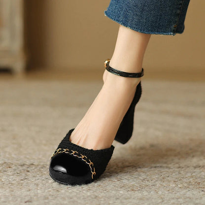 New Summer Sandals Cotton Fabric Shoes for Cover Toe Chunky Shoes Round Toe Cover Heel Sandals Splicing Chain Shoes