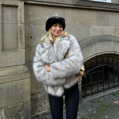Street Gradient Faux Fur Jacket Winter Brand Fluffy Fox Fur Coat Female Outerwear