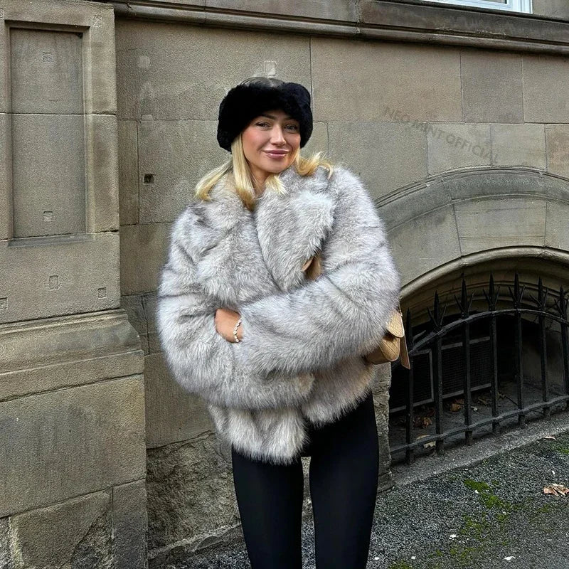Street Gradient Faux Fur Jacket Winter Brand Fluffy Fox Fur Coat Female Outerwear