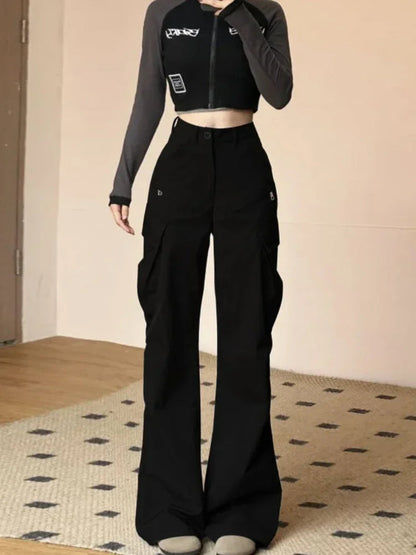 Grey Flare Cargo Sweatpants Y2k Harajuku Baggy Zipper Korean Style Wide Leg Pants Trousers