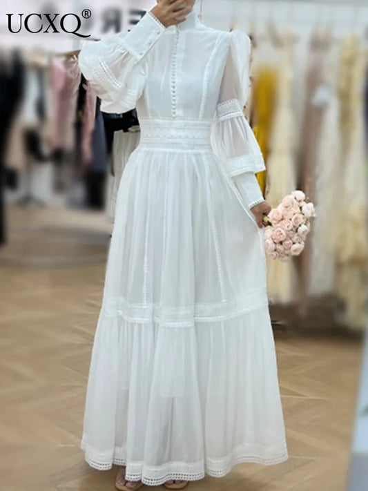 Long Dress Fairy Style Stand Up Collar Lantern Sleeves Splicing Waist Dresses Spring Autumn 1351