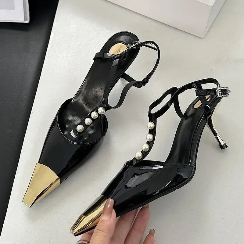 Metal Pointed Toe Thin High Heels Tstrap Pearl Party Dress Shoes Designer Pumps Sandals