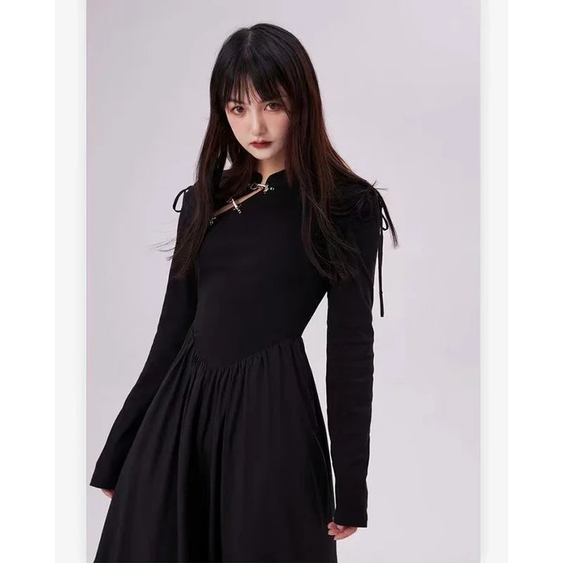 Black Gothic Dress Y2k Long Sleeve Party Bottoming New Korean Harajuku Lady Midi Dress