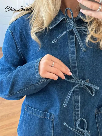 Street Lace Up Denim Shirt for Lapel Long Sleeve Loose Thick Blouses Spring Lady Loose Top Outwear New