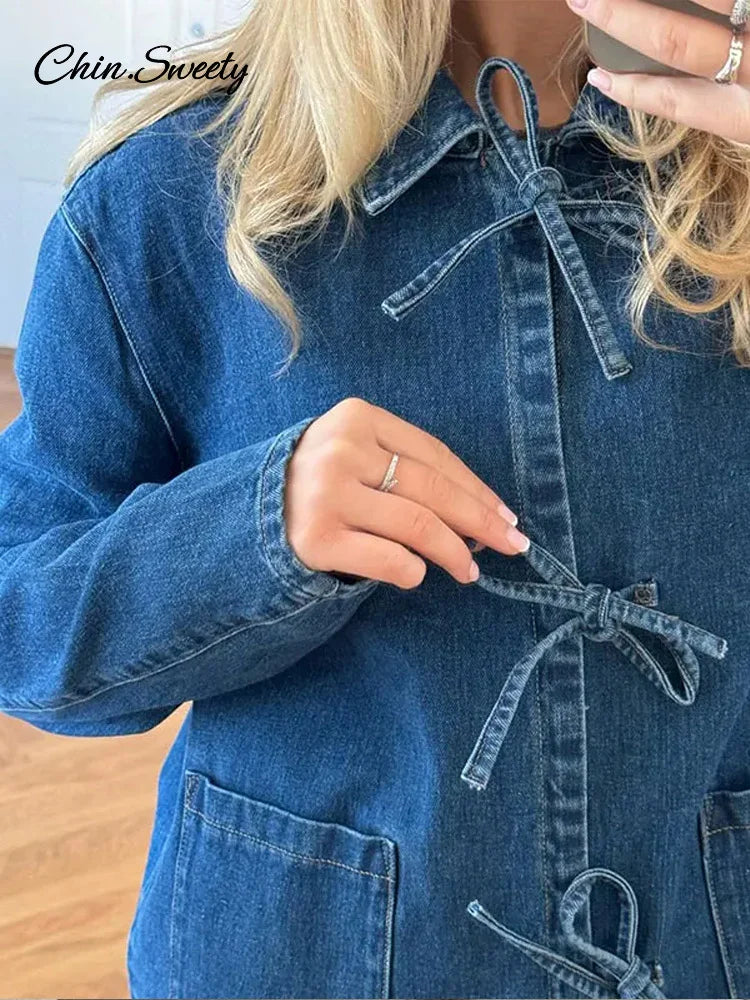 Street Lace Up Denim Shirt for Lapel Long Sleeve Loose Thick Blouses Spring Lady Loose Top Outwear New