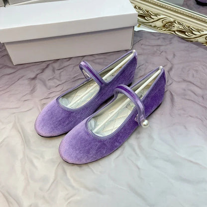 Retro Purple Burgundy Satin Pearl Velvet Mary Jane Flat Shoes for Ballet Flats Students Designer Shoes for