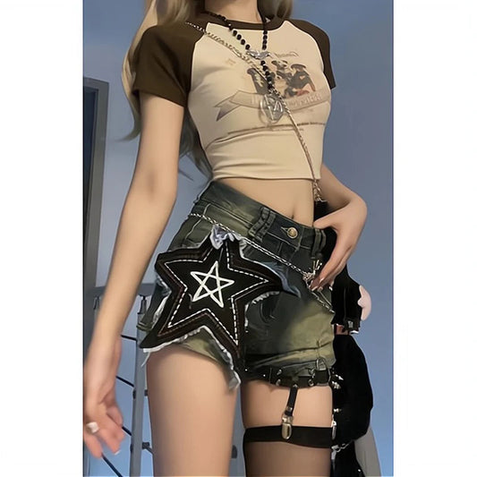Y2k Star Print Denim Shorts Harajuku Gothic Wide Leg Shorts Jeans Summer High Waist Hot Short Pants New