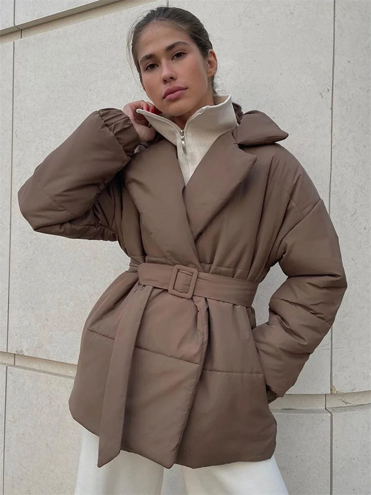 Winter Lace-up Pocket Parkas Outwear Female V-neck Loose Long Sleeve High Waist Bandage Coat Outwear