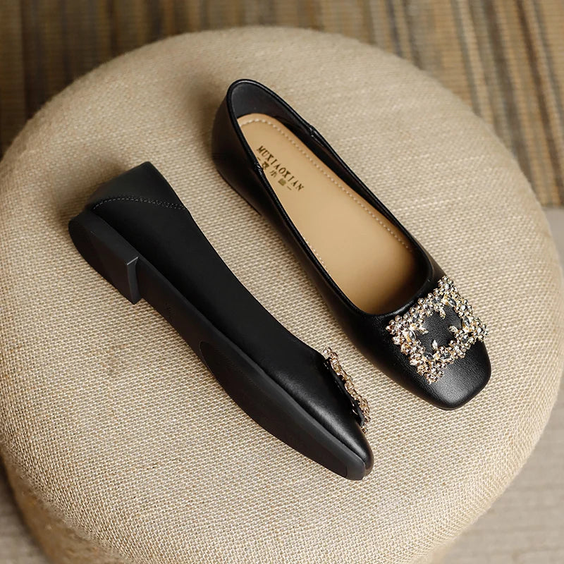 Rhinestone Lace Square Buckle Square Closed Toe Slip on Flat Shoes , Work Driving Walking Wedding