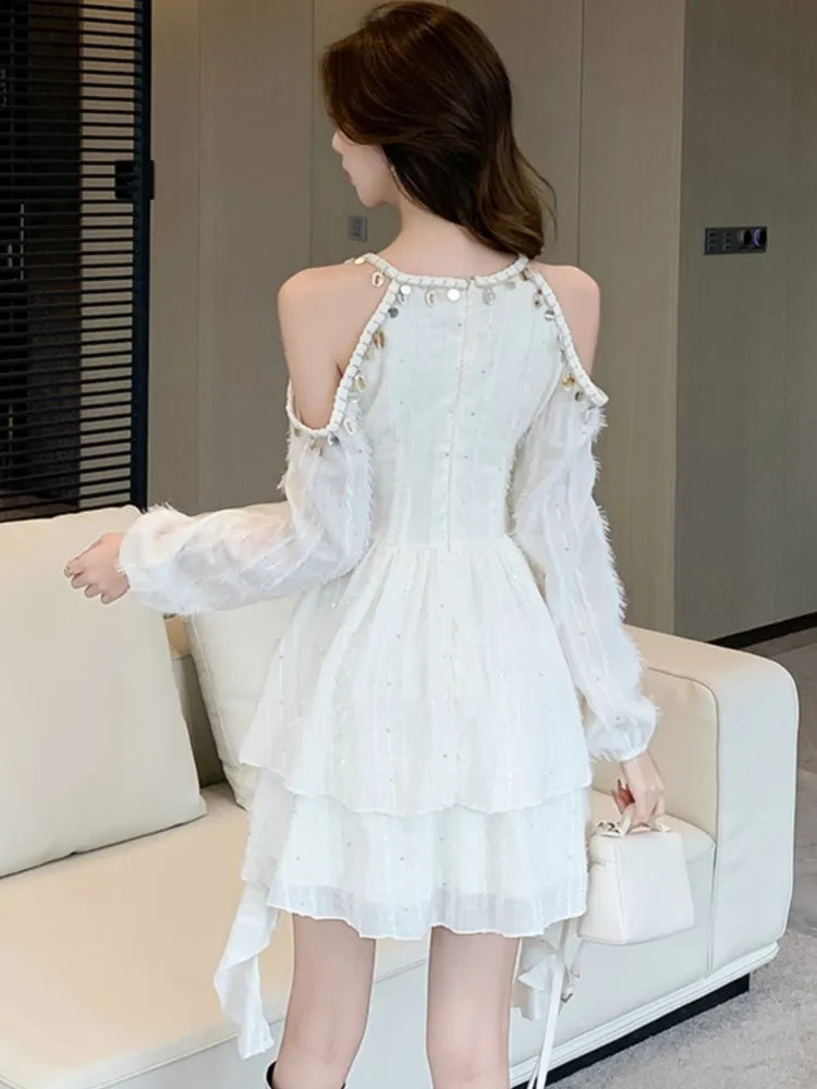 Princess Mini Dress for Sequin Off Shoulder Ruffle Long Sleeve Aline Vestidos Korean Female Short Dresses