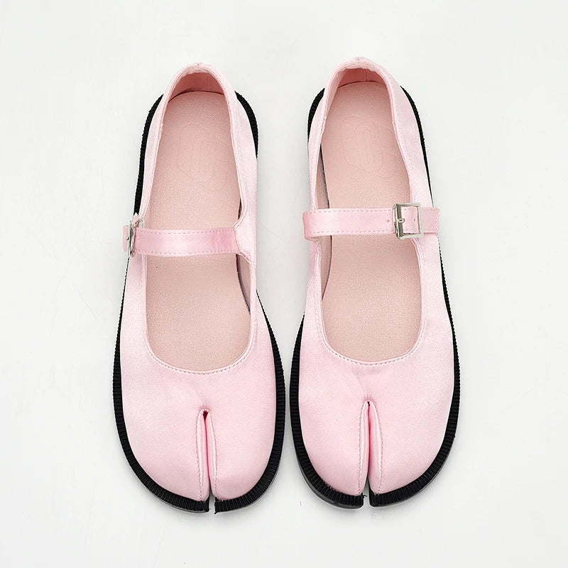 New Sweet Tabi Shoes Loafer for Split Toe Thick Sole Silk Pink Mary Jane Shoes 41
