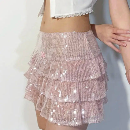 Mini Skirts Sequin Ruffle Pink Layered Short a Line Sparkly Club Party Skirts