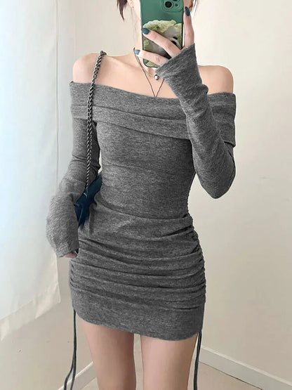 New Dresses Autumn Long Sleeves Laceup Slim Mini Dress Backless Lady Knitted Dress