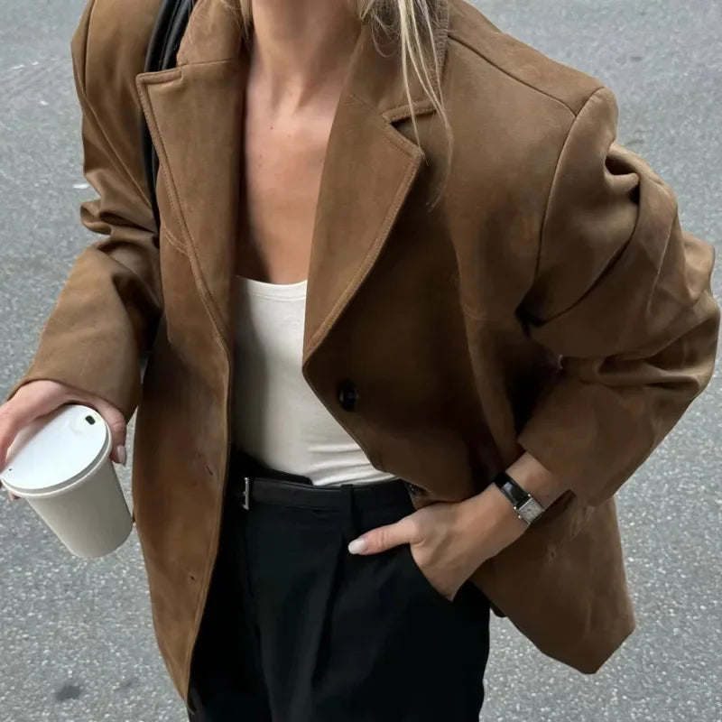 Lapel Pocket Suede Leather Jacket Loose Single Button Oversize Brown Coats Female Street Clothes