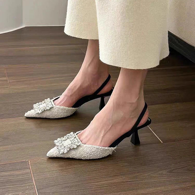 Square Rhinestone Mid Heels Pumps for Woman White Tassel Texture Black Sole Slingbacks Shoes Point Head Spike Heel Sandals