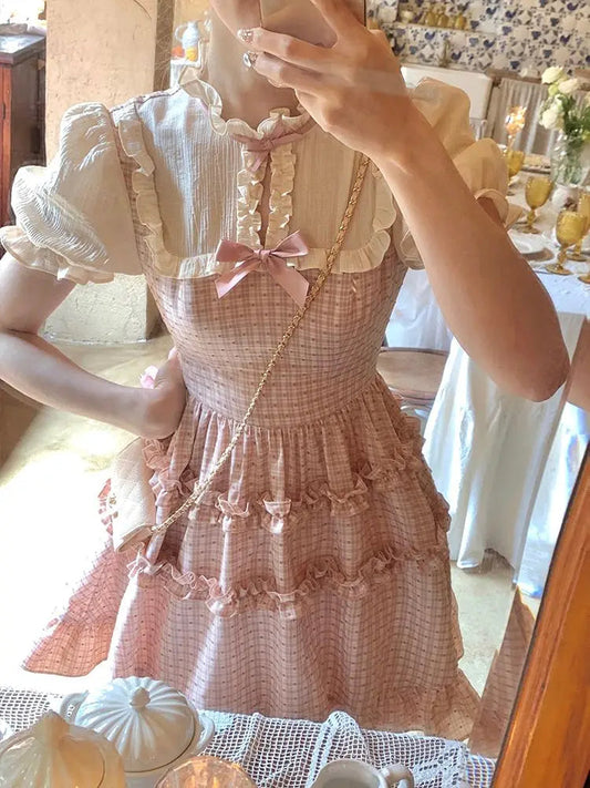 Plaid Dress Short Sleeve Slim Party Y2k Mini Dress Kawaii Clothing One Piece Dress Korean Summer