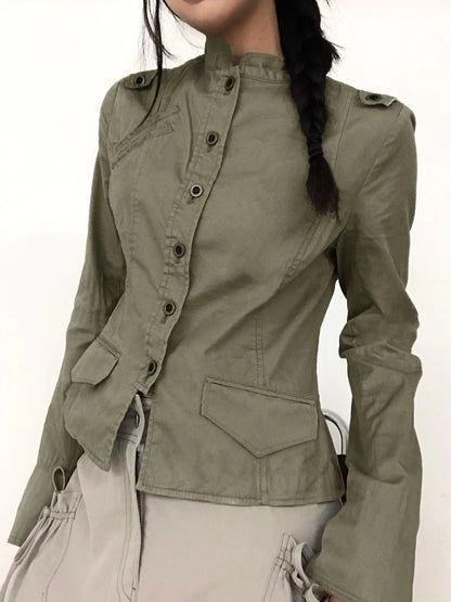 Retro Green Slim Cargo Jackets Button Up Stand Collar Long Sleeve Autumn Korean New Outwear