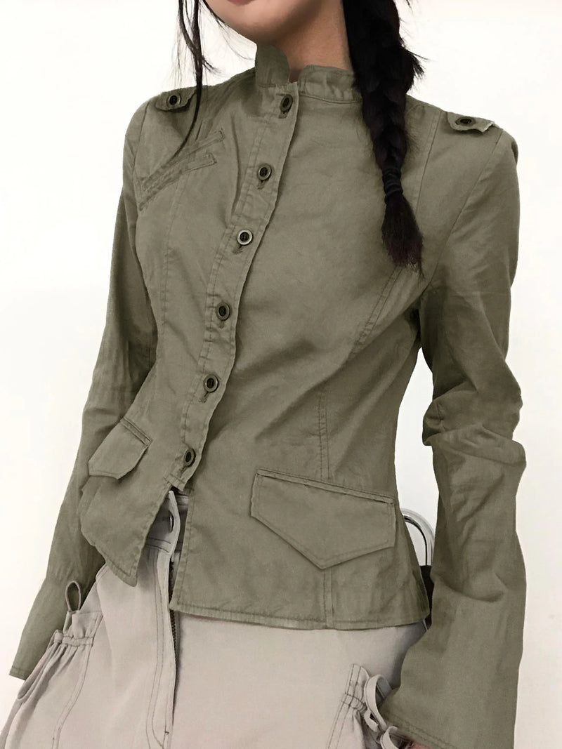Retro Green Slim Cargo Jackets Button Up Stand Collar Long Sleeve Autumn Korean New Outwear