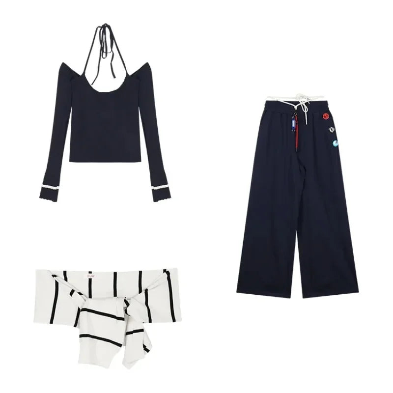 Autumn New American Laceup Loose Wide Leg Pants + Patchwork Halter Sweater + Knitted Shawl Threepiece Suit